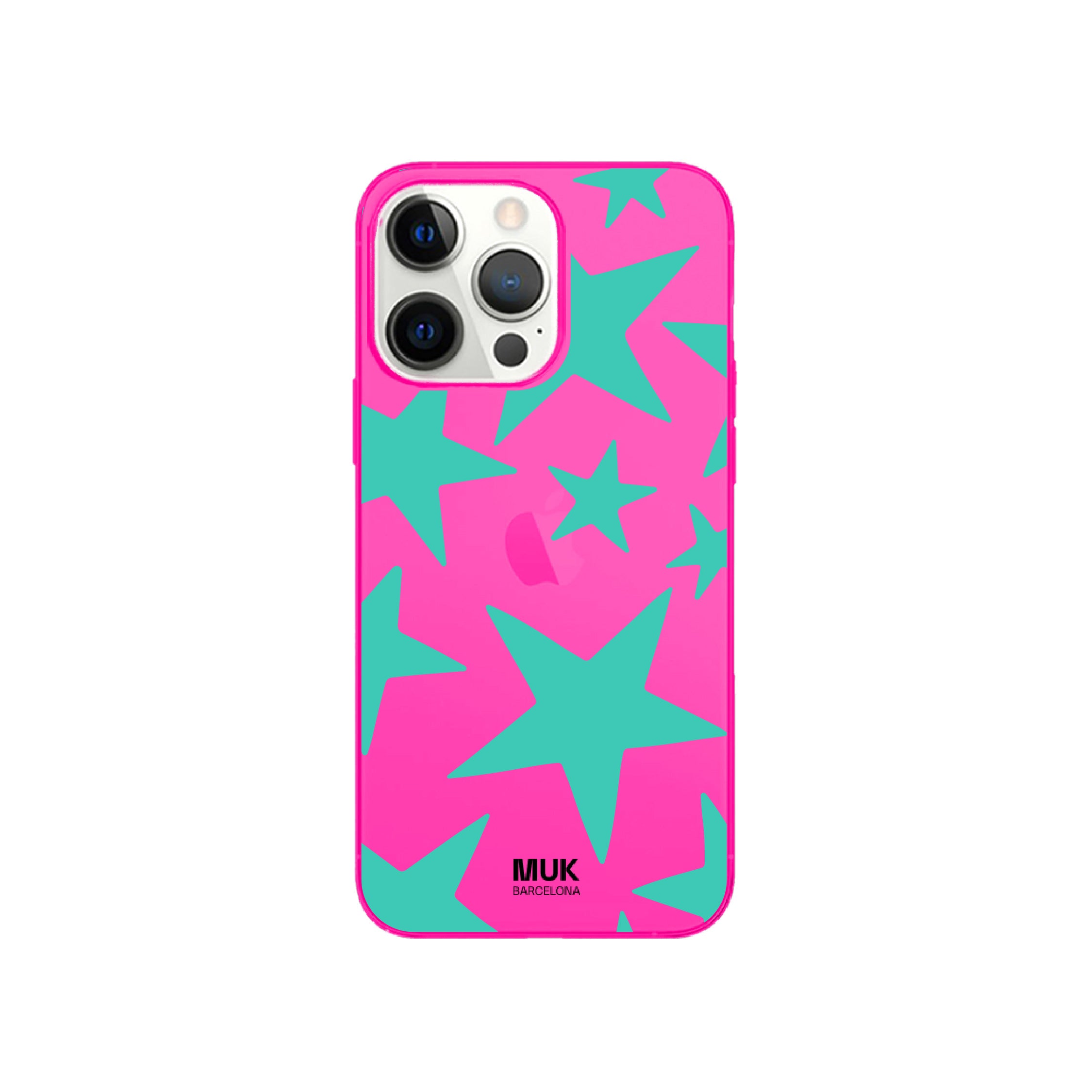Funda de móvil color pink fluor con diseño de estrellas
