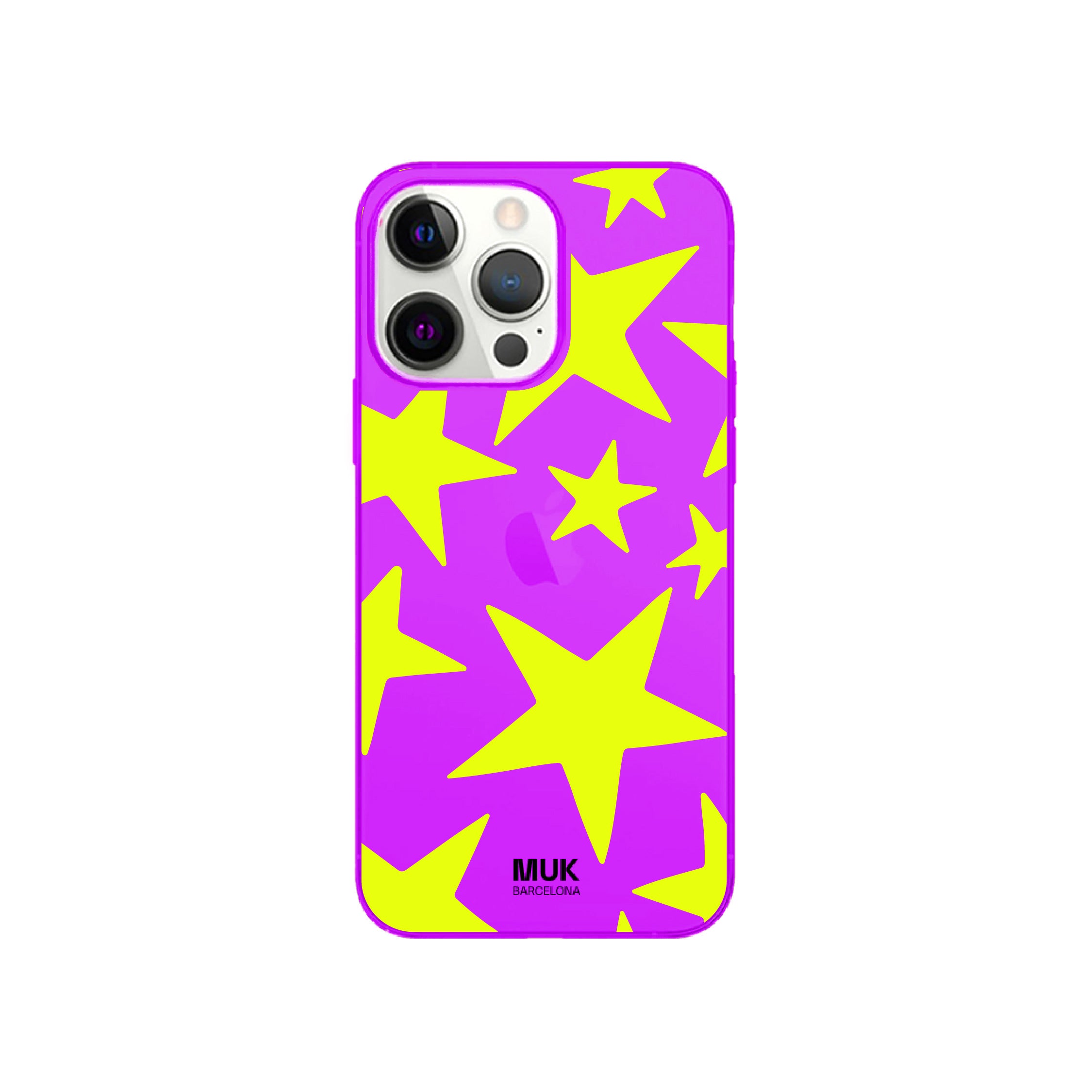 Funda de móvil color purple fluor con diseño de estrellas 
