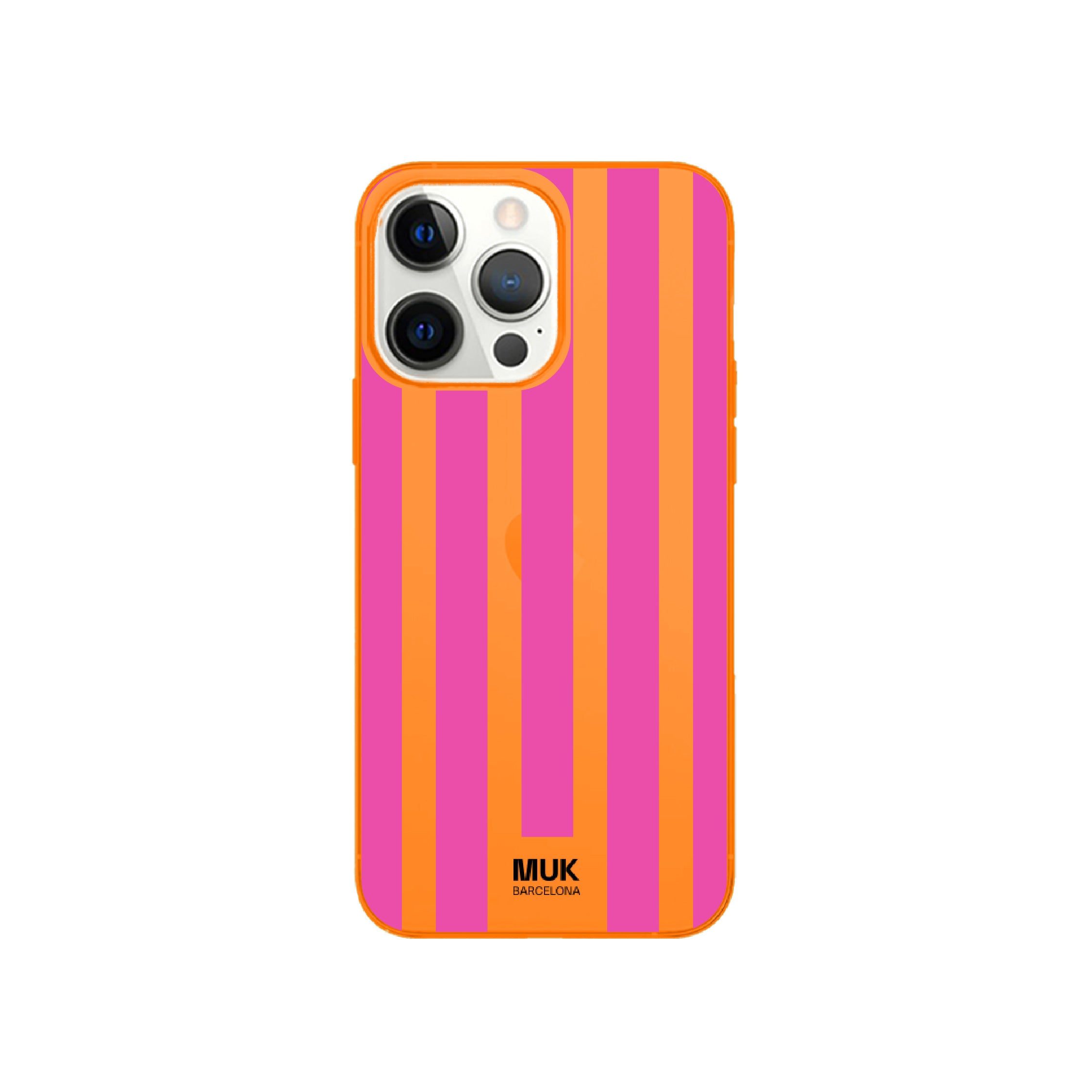 Funda de móvil color orange fluor con diseño de rayas
