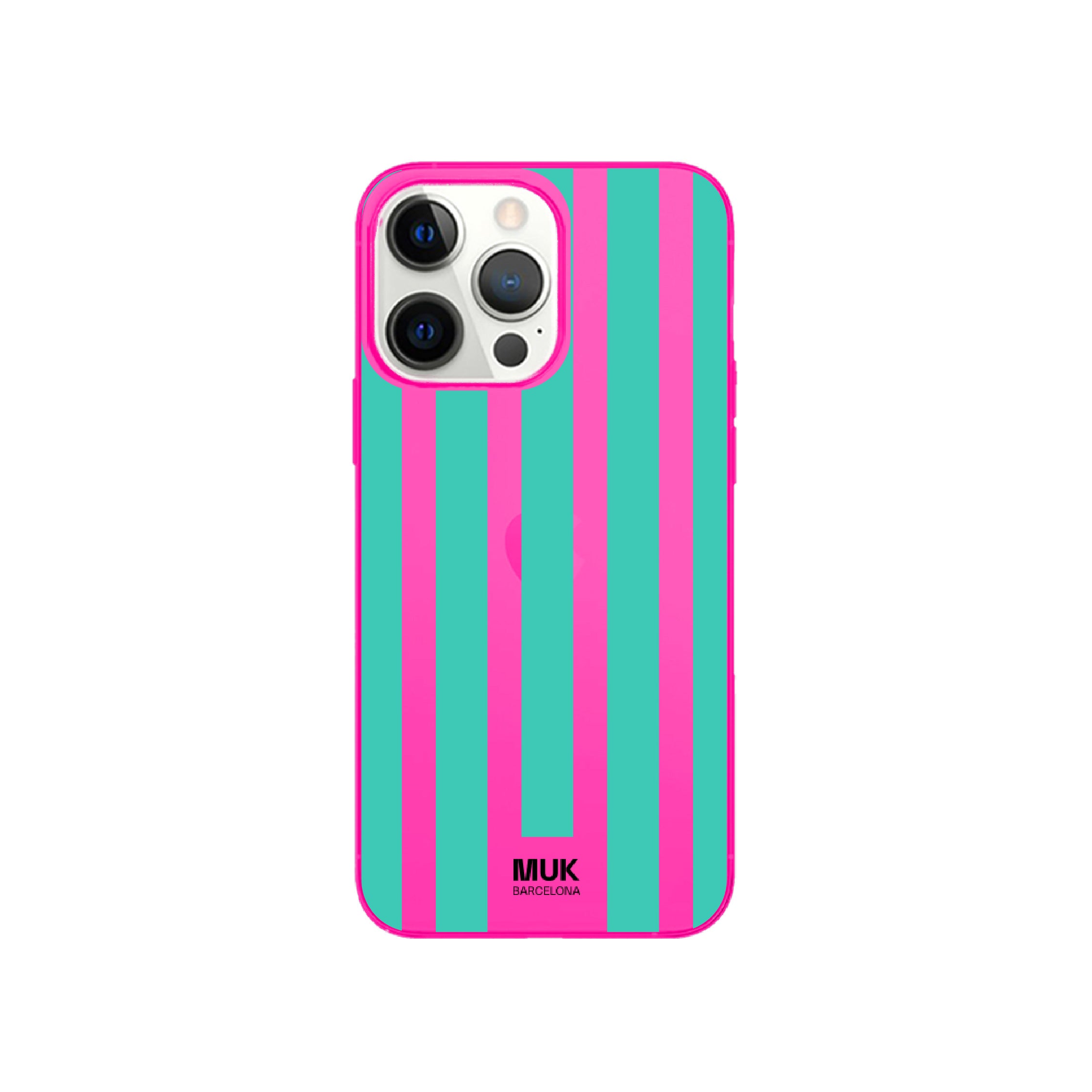 Funda de móvil color pink fluor con diseño de rayas
