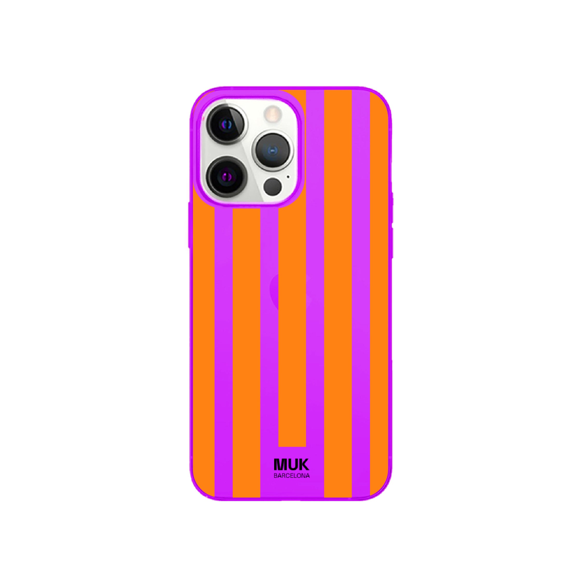 Funda de móvil color purple fluor con diseño de rallas 

