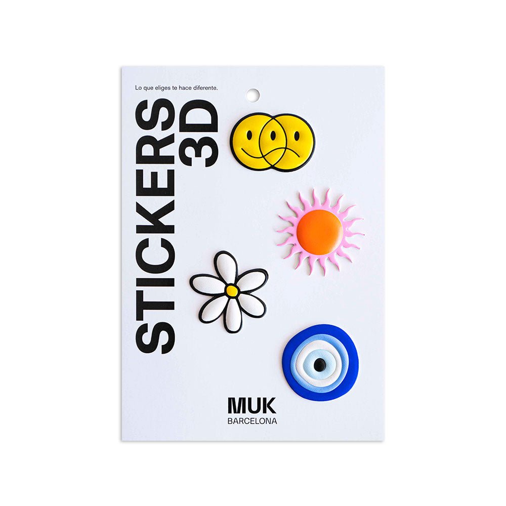 Pack de 4 stickers 3D con relieve con adhesivo 3M, greek eye, mood sticker, sunny sticker, flower sticker.
