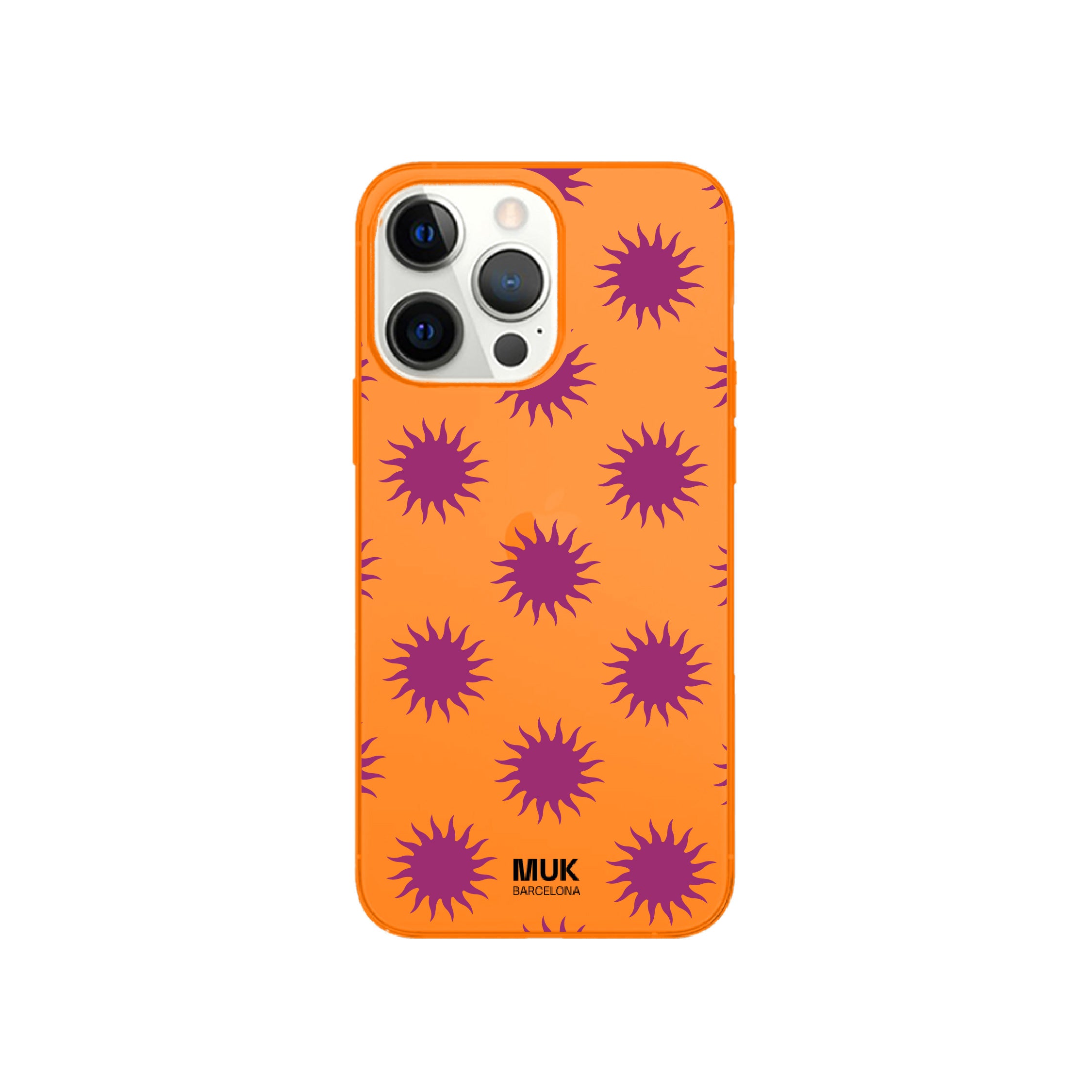 Funda de móvil color orange fluor con diseño de soles
