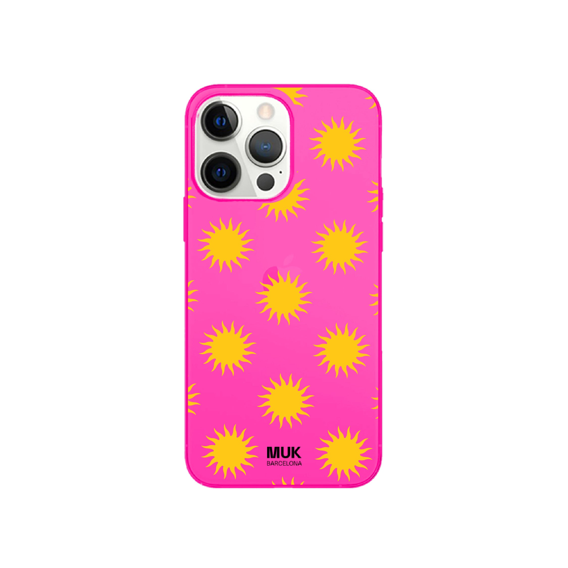 Funda de móvil color pink fluor con diseño de soles
