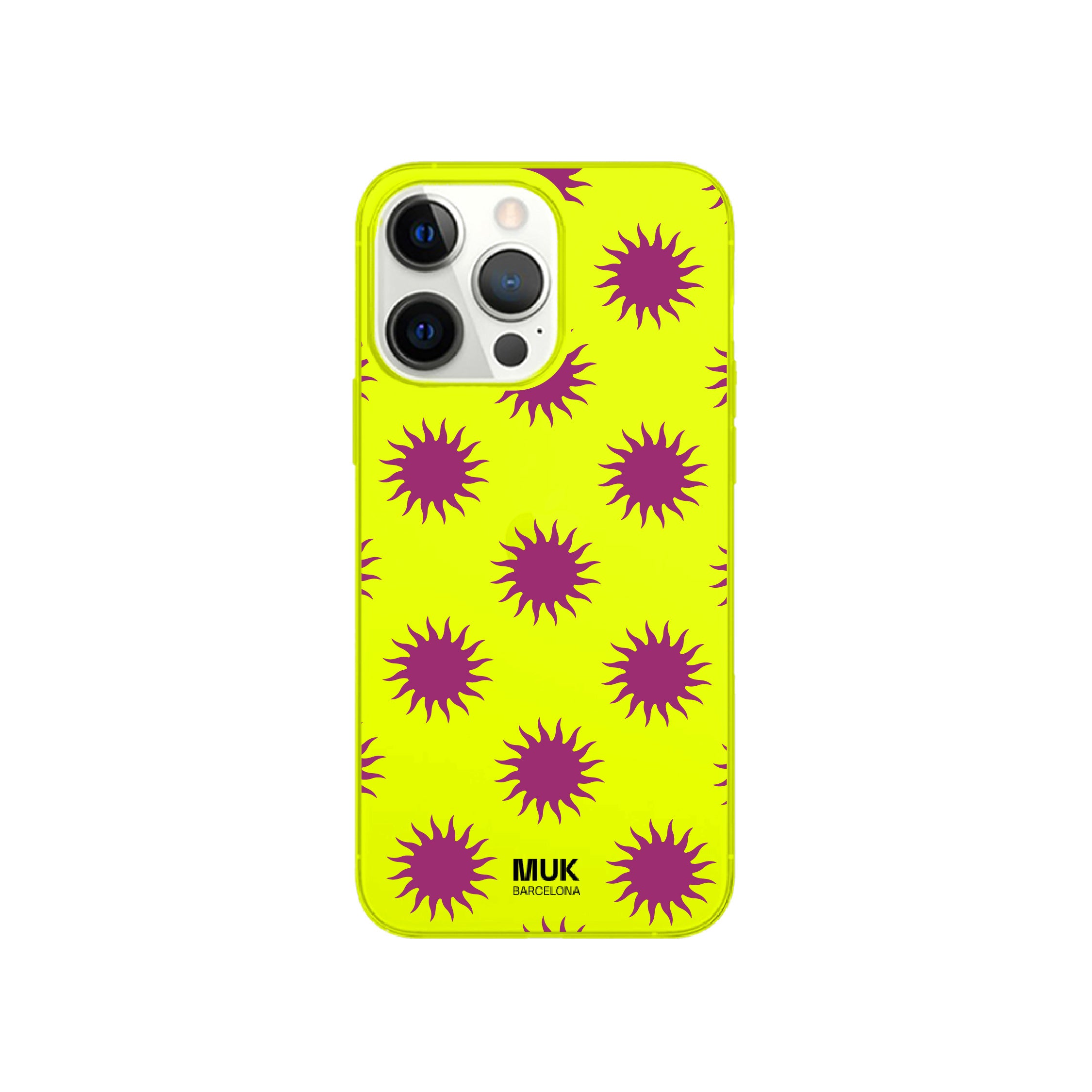 Funda de móvil color yellow fluor con diseño de soles
