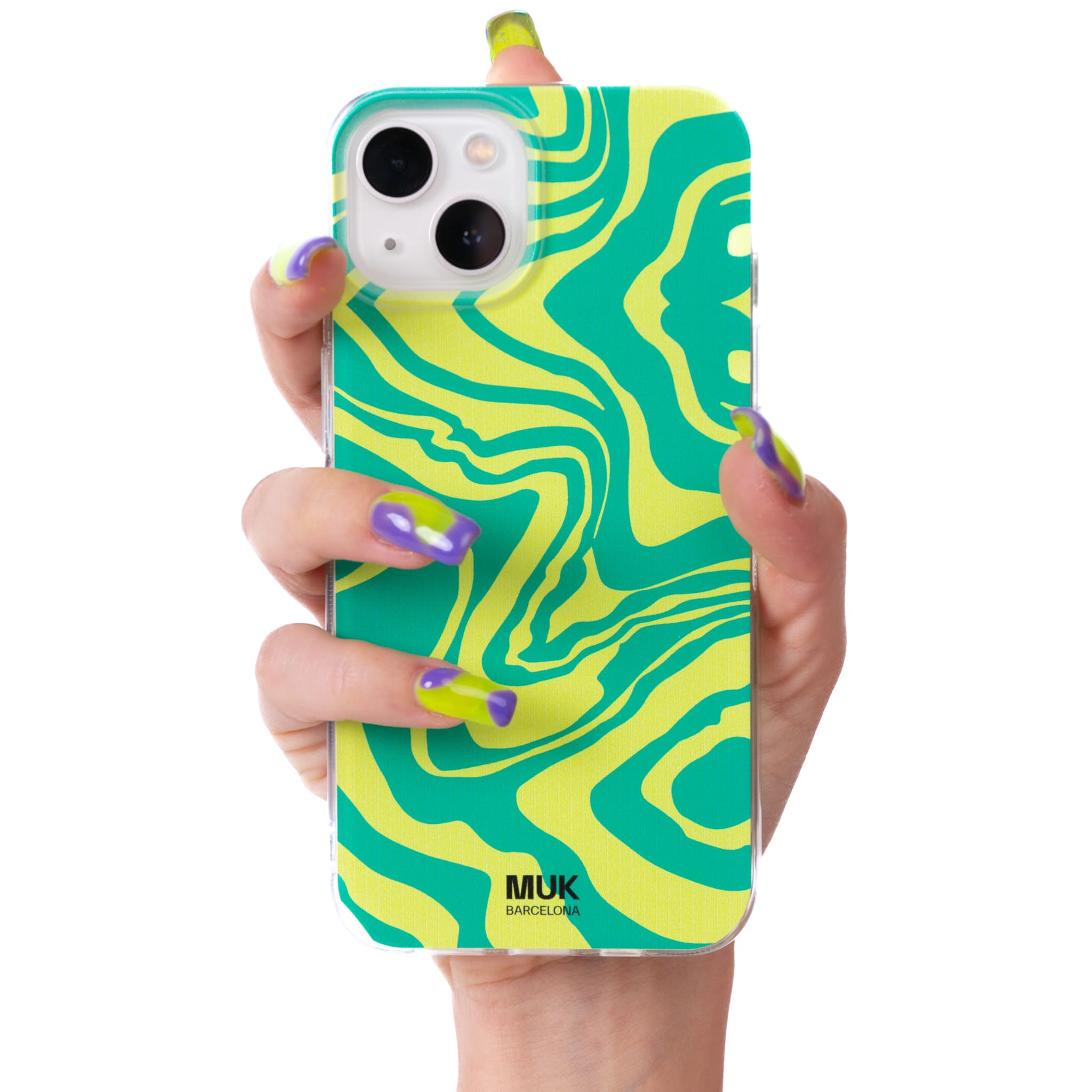 Clear&nbsp;phone case with distorted green and yellow print.
