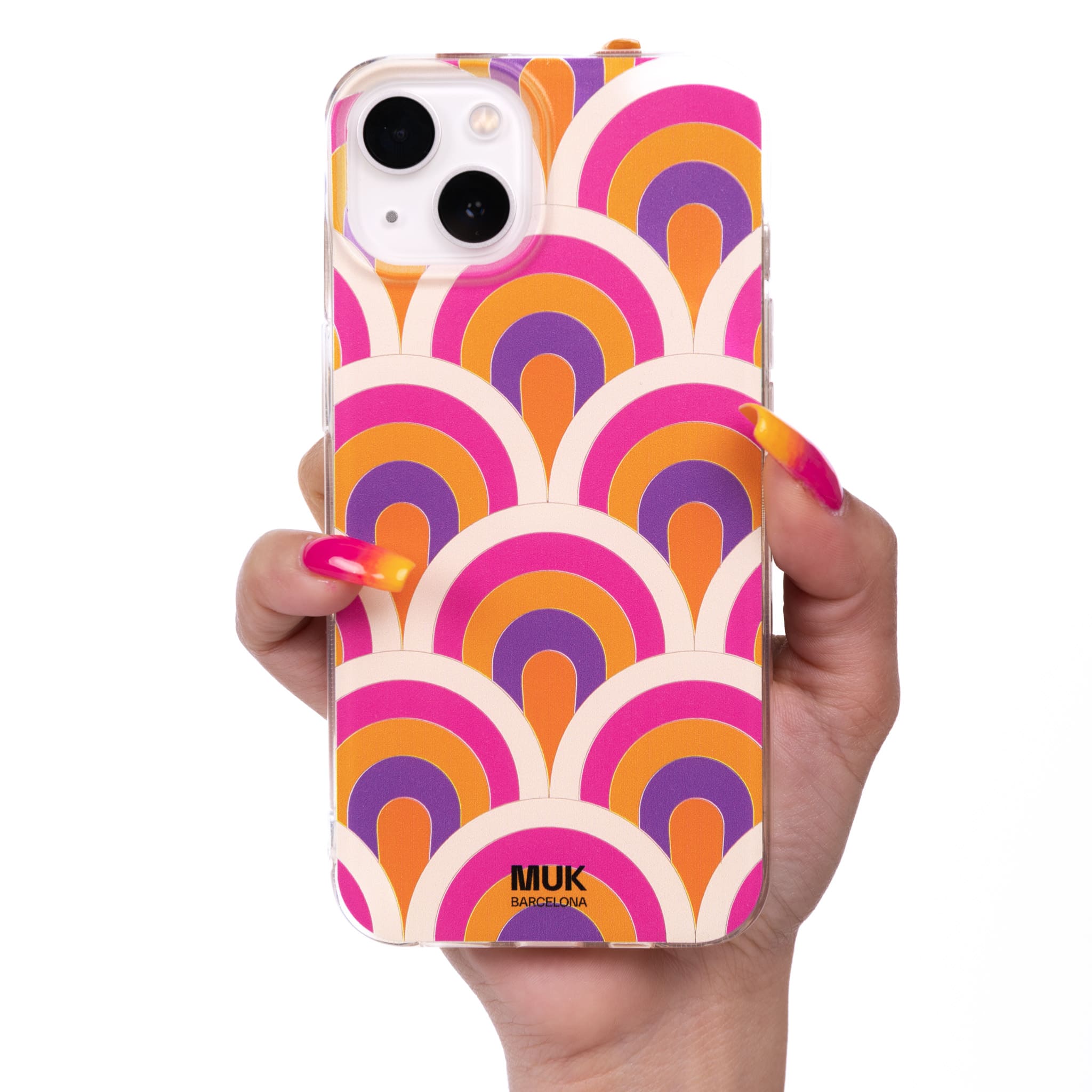 Funda de móvil transparente con formas geométricas de semicírculo lila, naranja, rosa y blanco.
