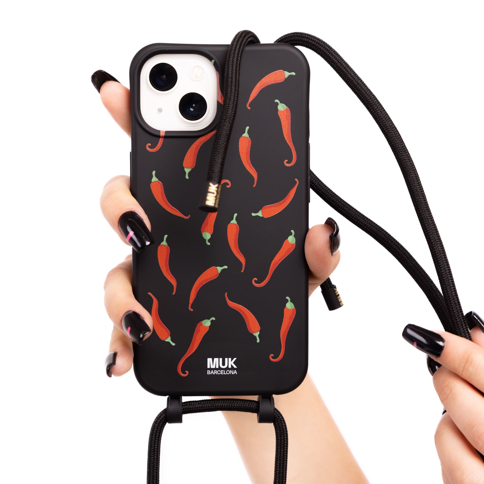  Mobile case compatible with MagSafe with Chili's print on a black base. Mobile phone cases with wireless charging (from iPhone12).
