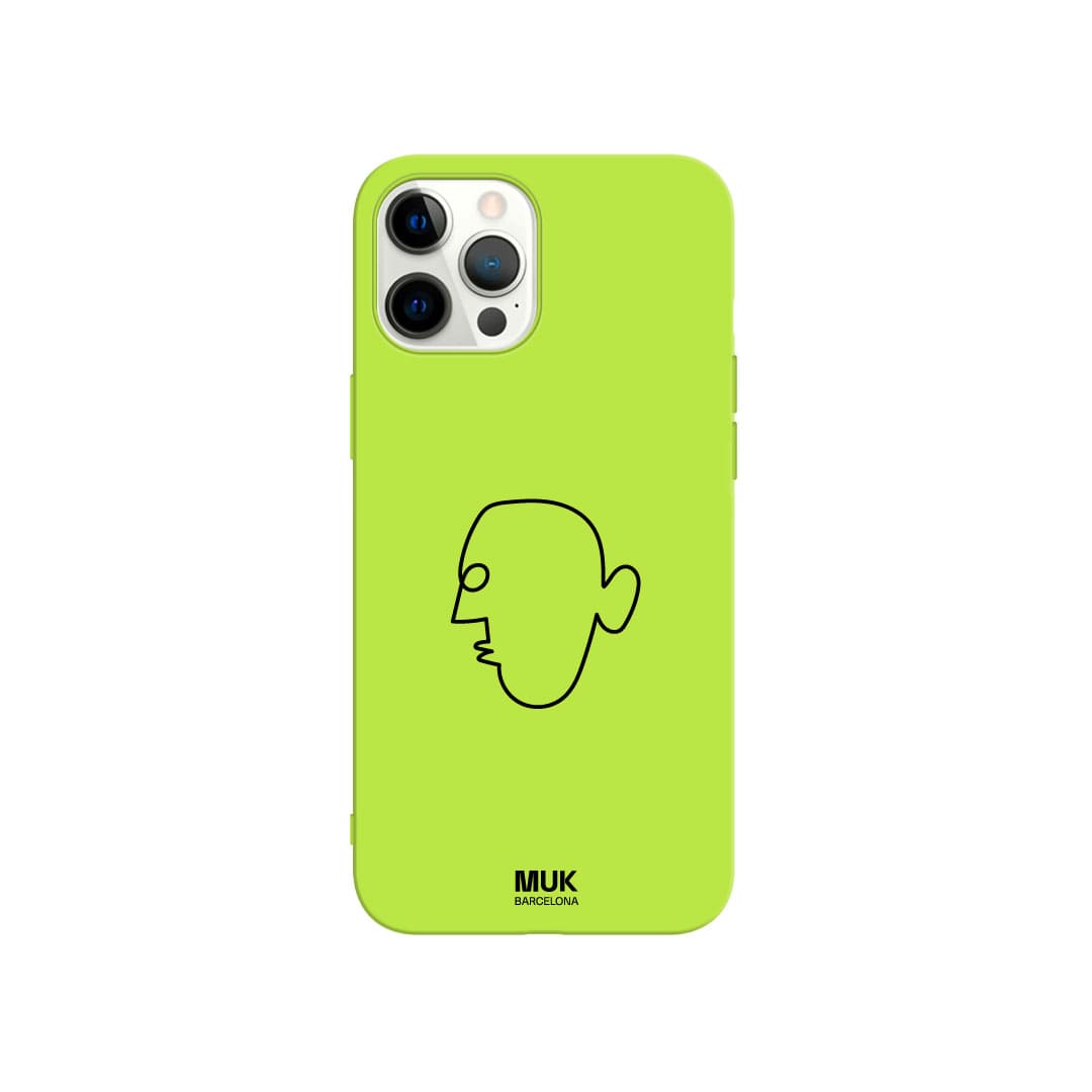Lime TPU  case with an abstract face design with a 6 and a 4.

