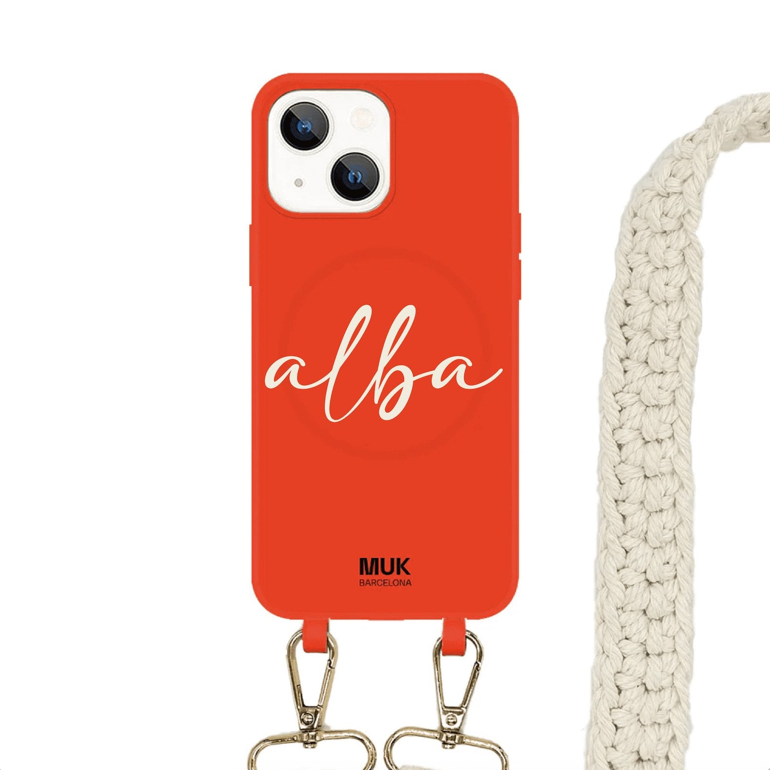 MagSafe compatible phone case personalized with name with elegant typography in the central part. Available in different colors on Tejabase. Mobile cases with wireless charging (iPhone12 and up).
