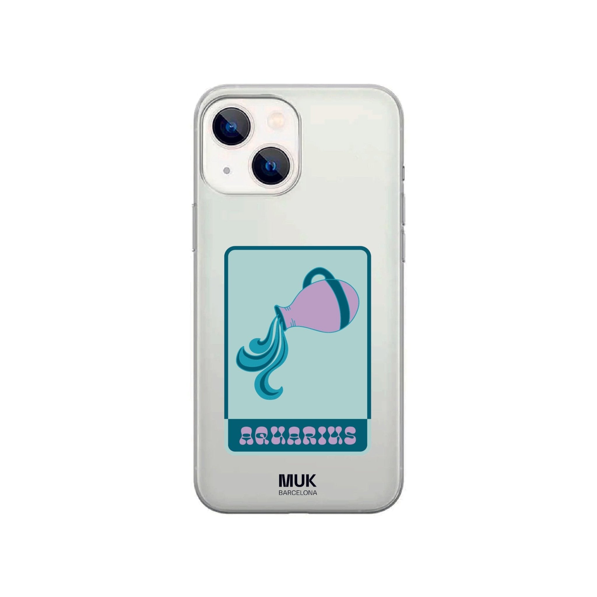 Transparent cell phone case with the Aquarius zodiac sign in turquoise blue, mint blue and lilac.
