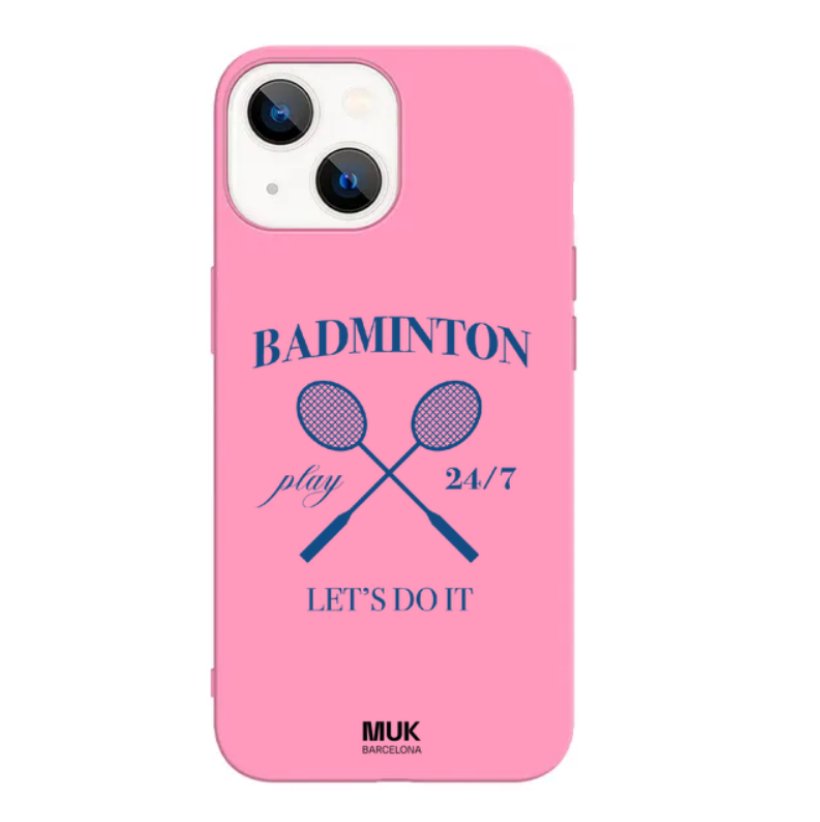 Funda de móvil TPU rosa con diseño de raquetas de bádminton en color azul.
