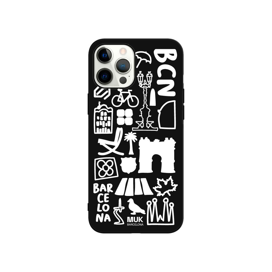 Black TPU  case with a mix of symbolic drawings of Barcelona.
