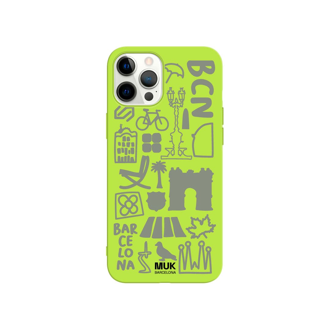 Lime TPU  case with a mix of symbolic drawings of Barcelona.
