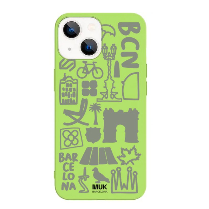 Funda de móvil TPU lima con mix de dibujos simbólicos de Barcelona.
