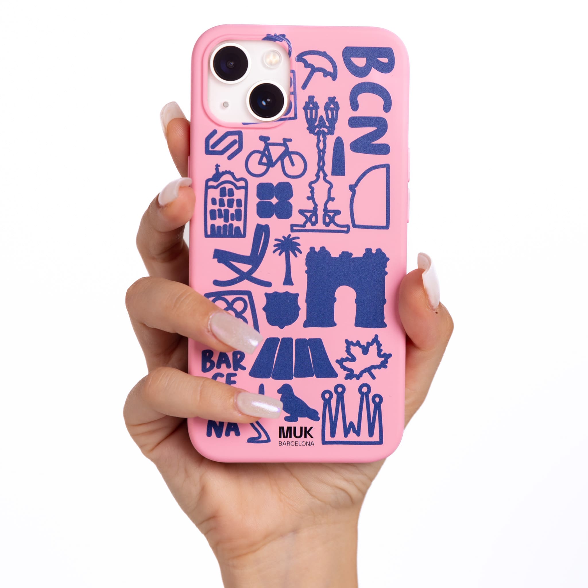 Funda de móvil TPU rosa con mix de dibujos simbólicos de Barcelona.

