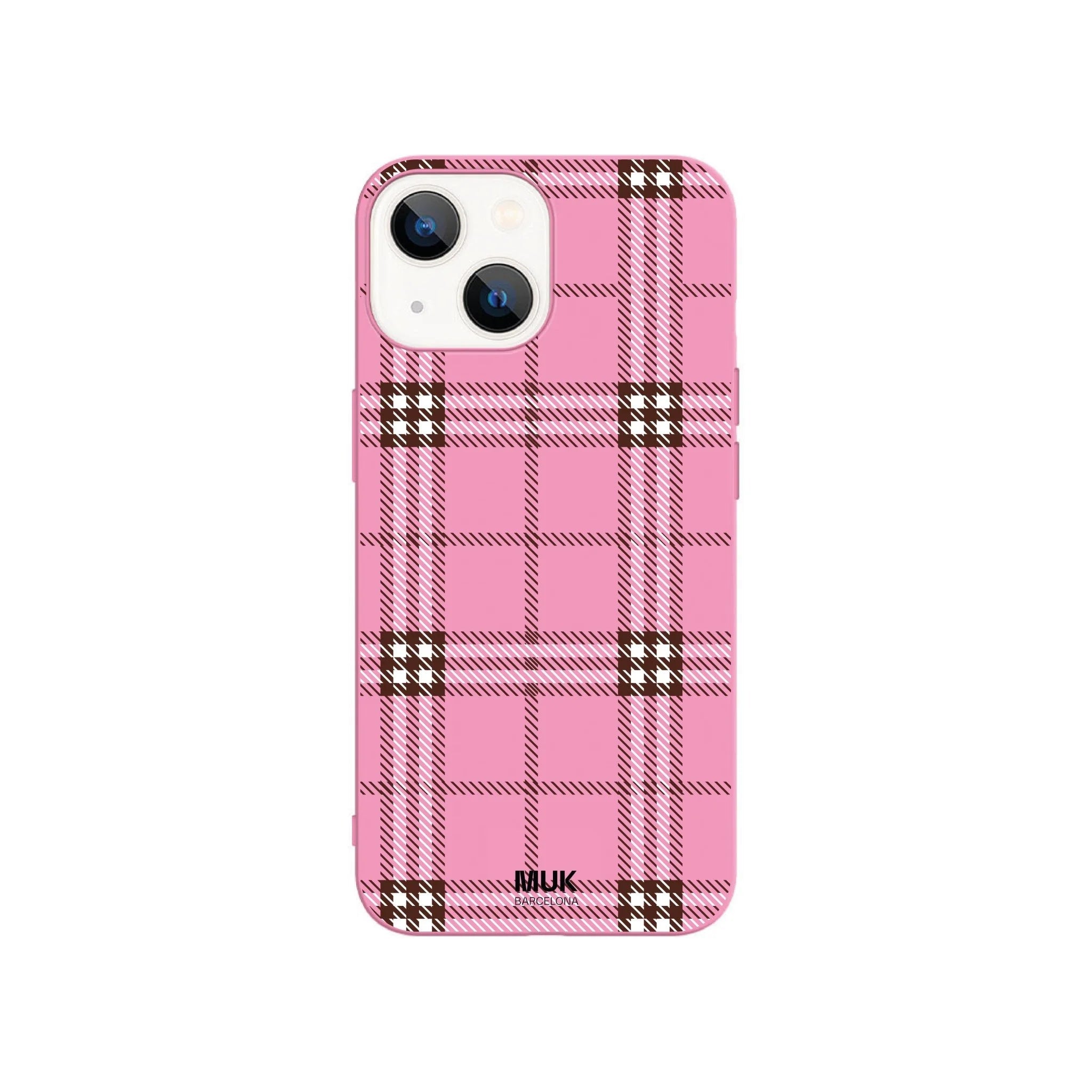 Pink TPU phone case with brown and white checkered pattern.
