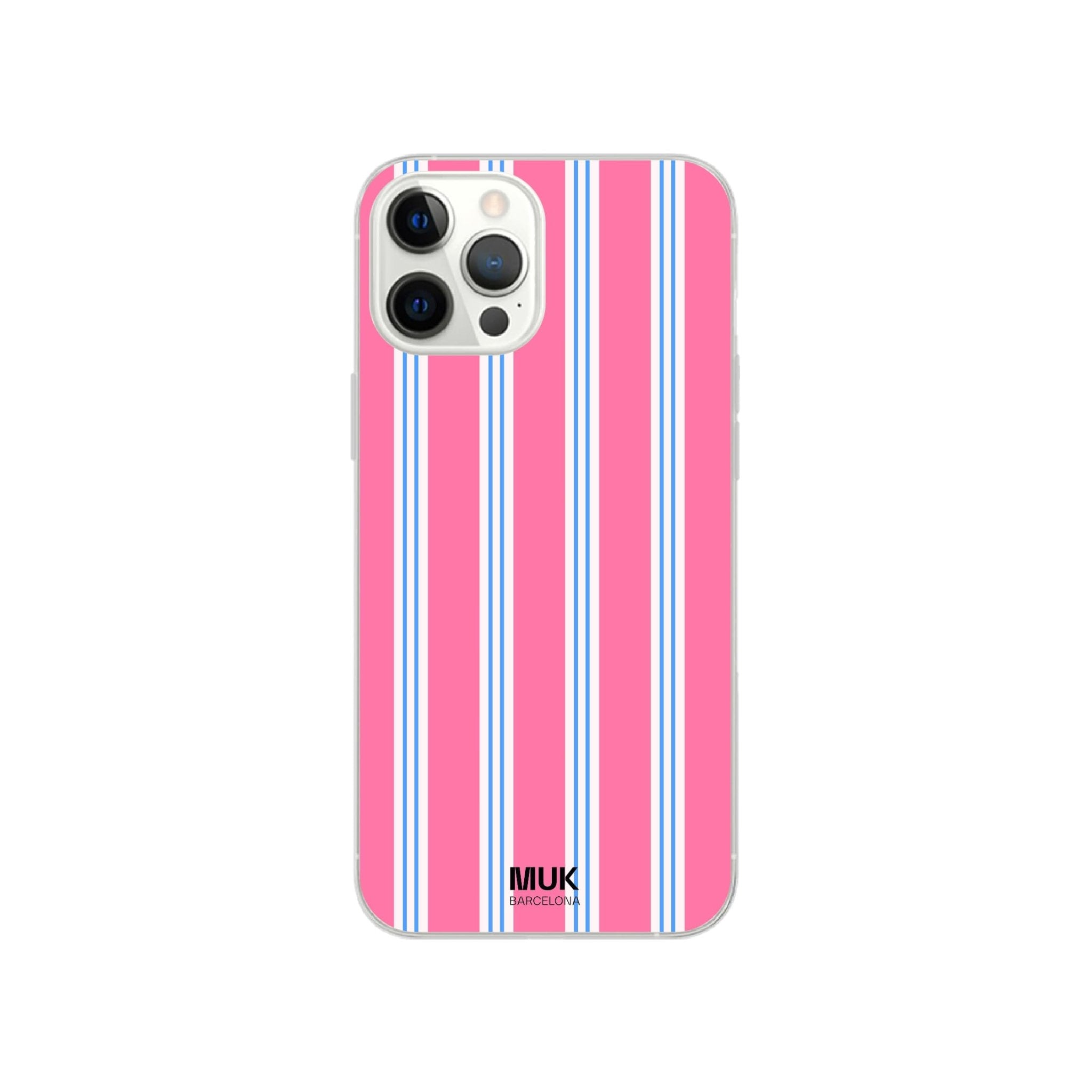 Clear phone case with pink background with blue and white stripes.
