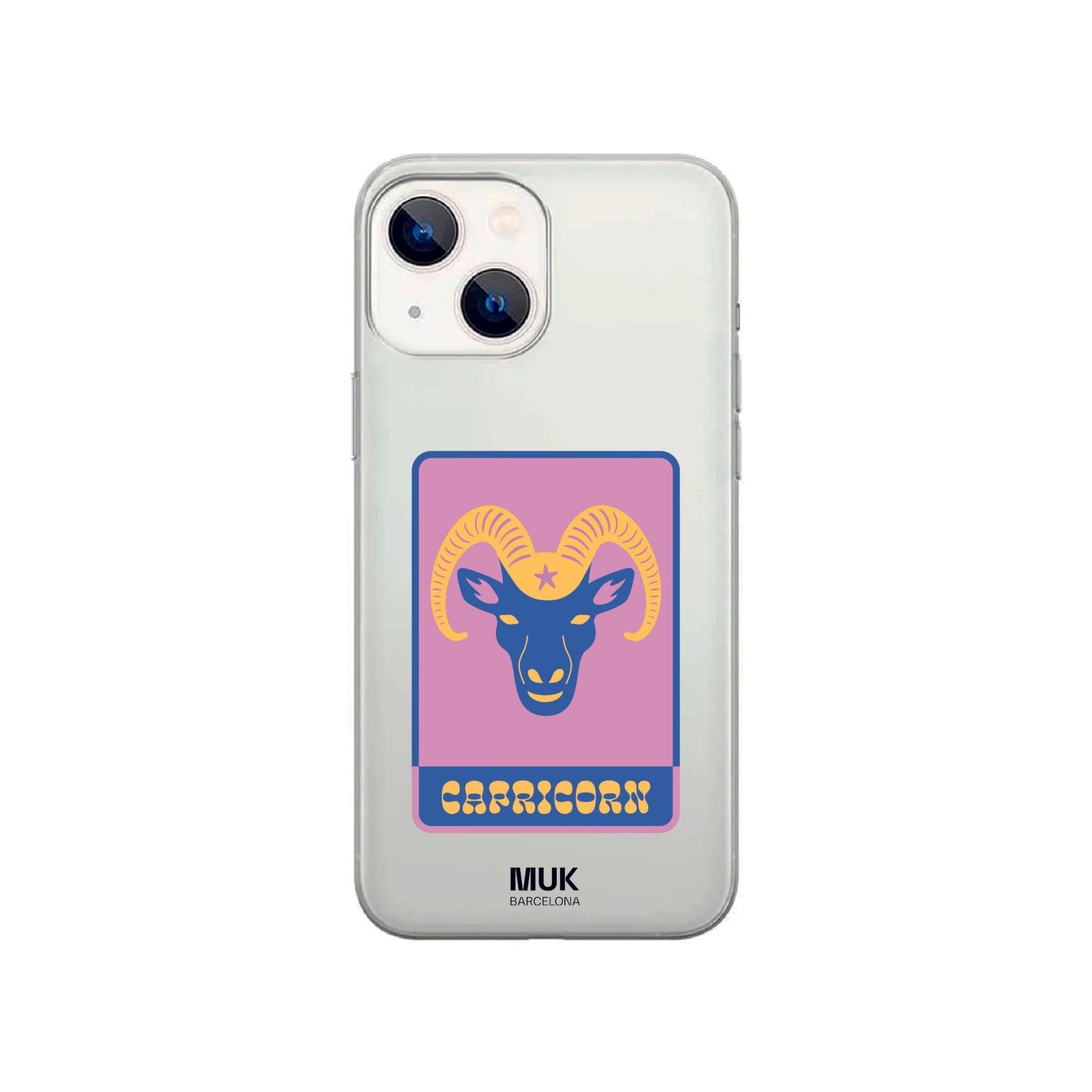 Clear phone case with Capricorn zodiac sign in lilac, yellow and dark blue.
