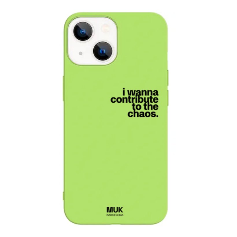 Funda de móvil TPU lima con frase "I wanna contribute to the chaos" en color negro.
