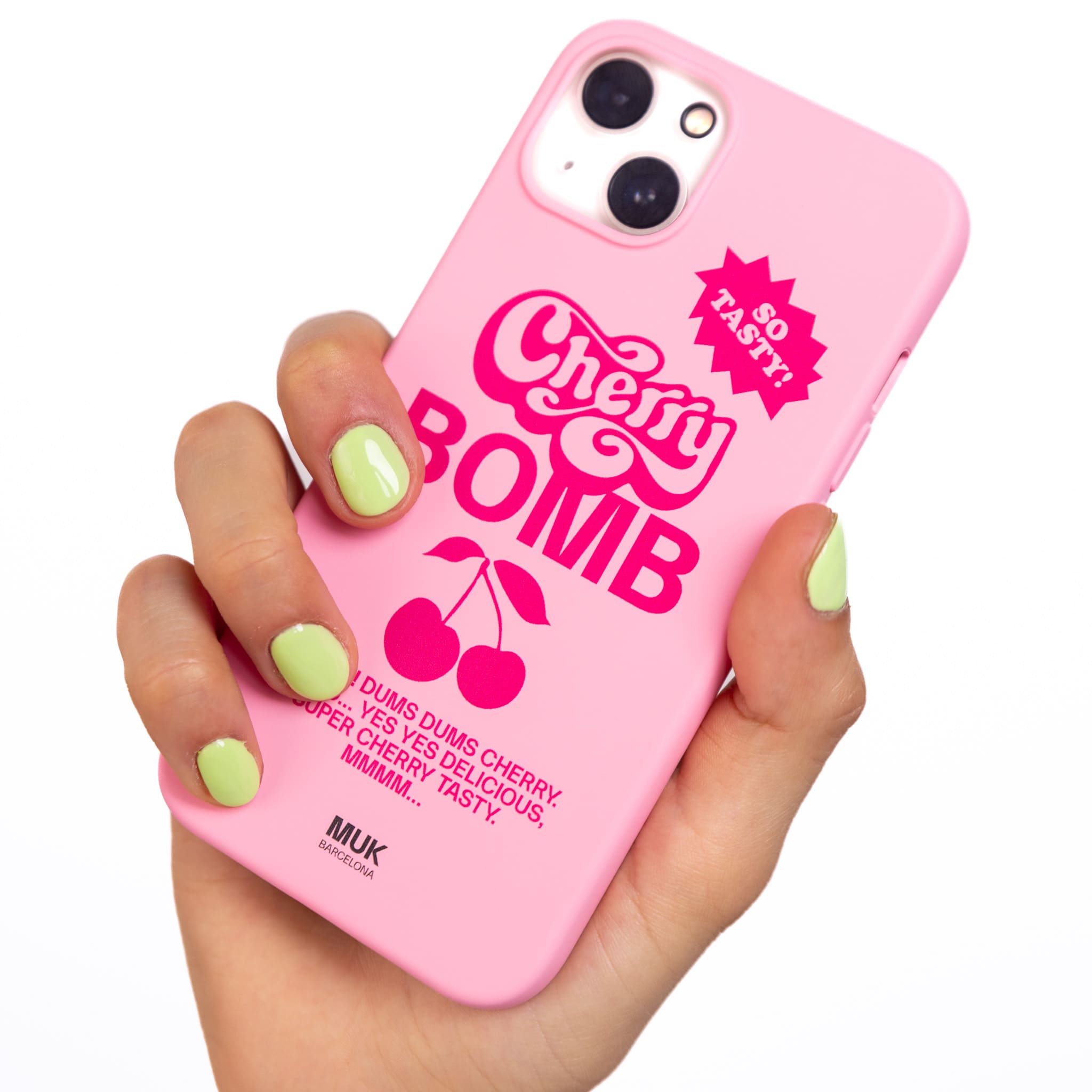 Funda de móvil TPU rosa con diseño de cerezas y frase "Cherry bomb" en color rosa fucsia.

