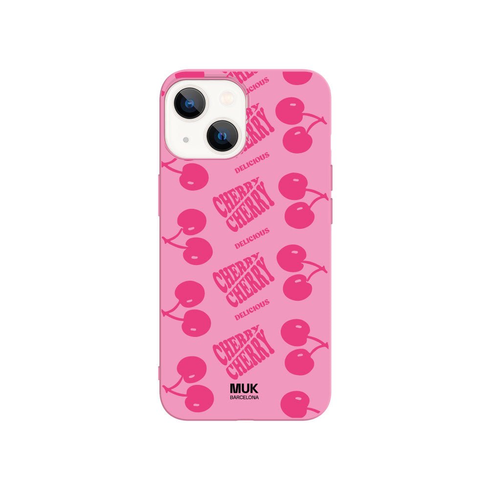 Funda de móvil TPU rosa con diseño de cerezas y frase "Cherry Delicious".
