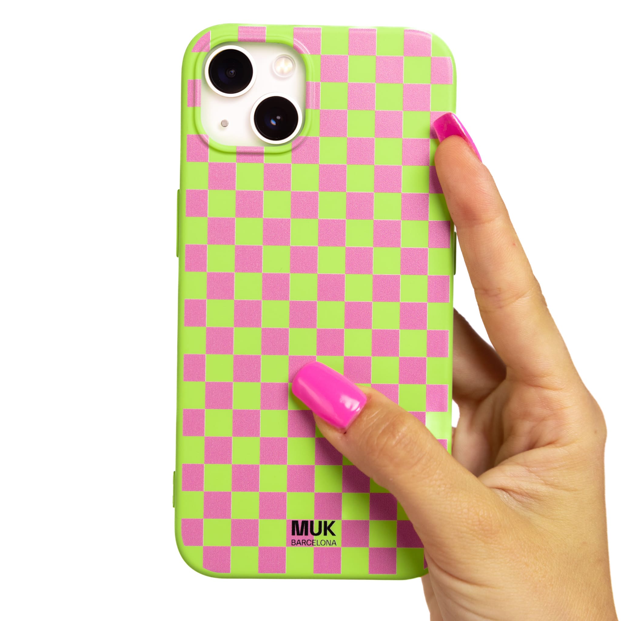 Lime TPU  case with distorted pink checkered pattern.
