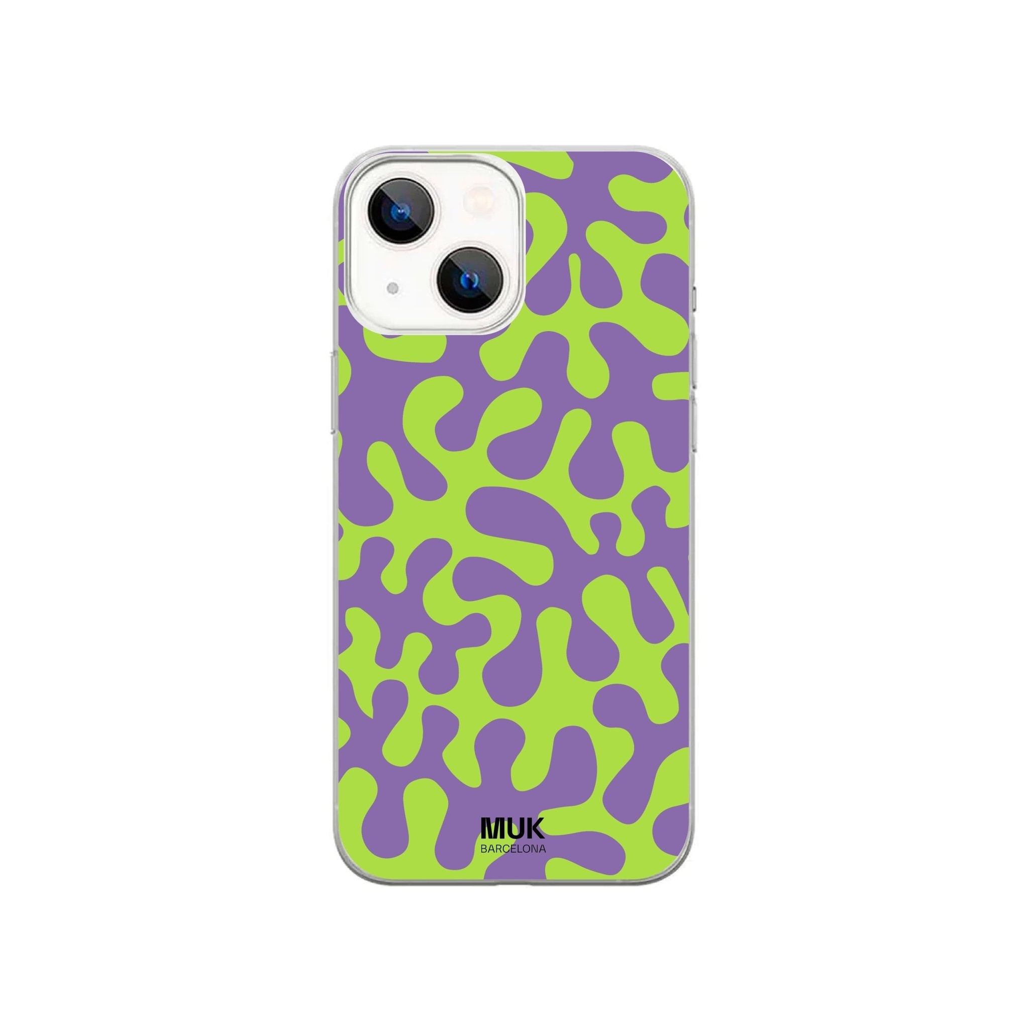 Funda de móvil transparente con estampado coral en color verde y lima.
