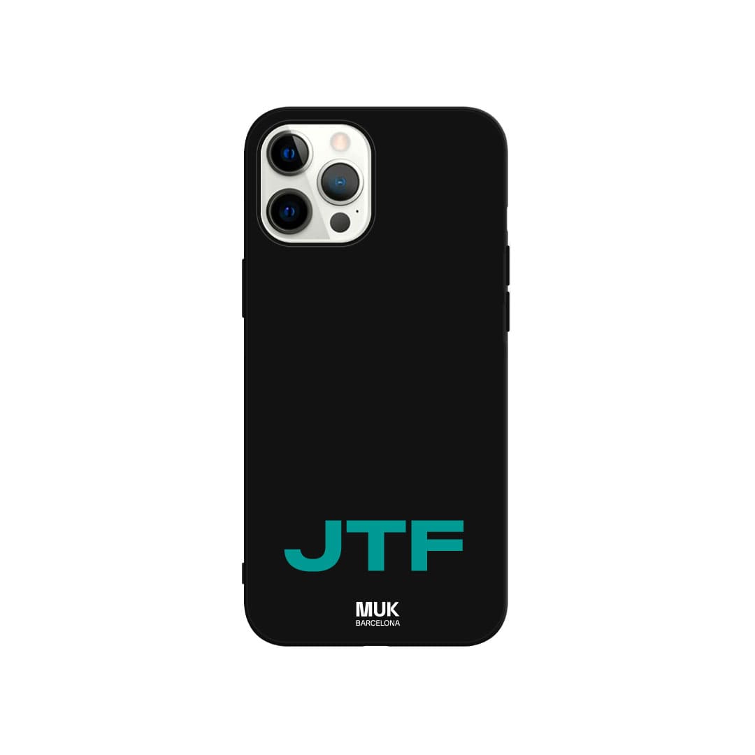 Personalized black TPU  case with initials at the bottom in 10 different colors.
