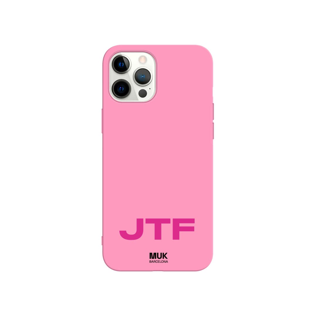 Personalized pink TPU  case with initials at the bottom in 10 different colors.
