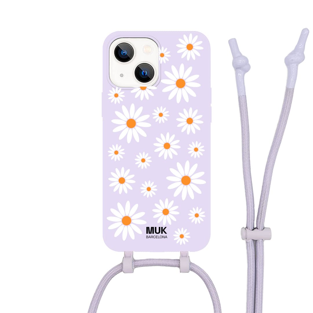 Funda de móvil compatible con MagSafe con estampado de margaritas sobre base de color lila. Fundas de móvil con carga inalámbrica (a partir del iPhone12).
