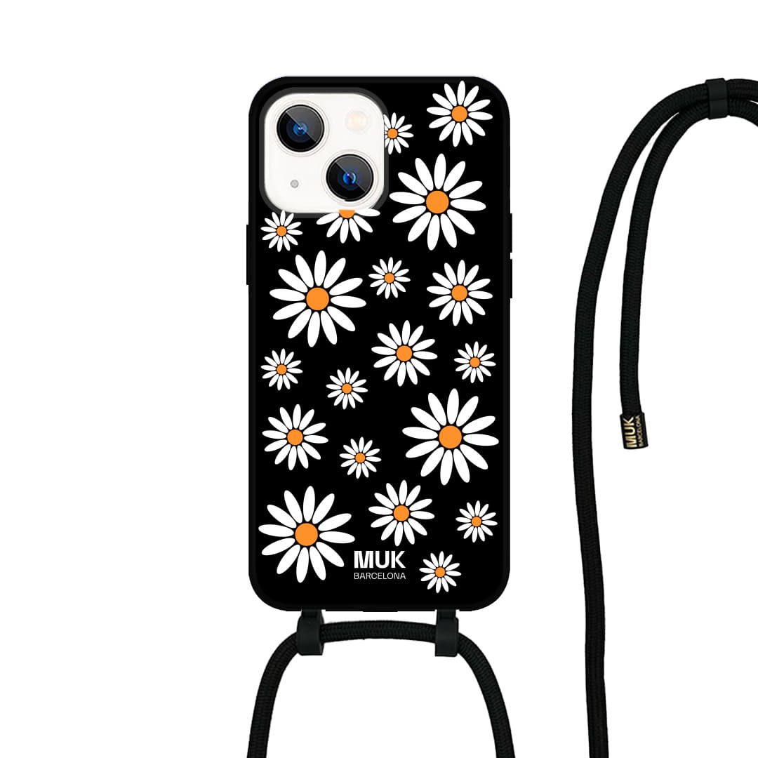   case compatible with MagSafe with a daisy print on a black base.  Phone Cases with wireless charging (from iPhone12).
