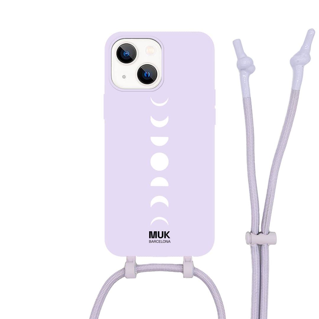 Funda de móvil compatible con MagSafe con estampado de las fases del eclipse lunar sobre base de color lila. Fundas de móvil con carga inalámbrica (a partir del iPhone12).
