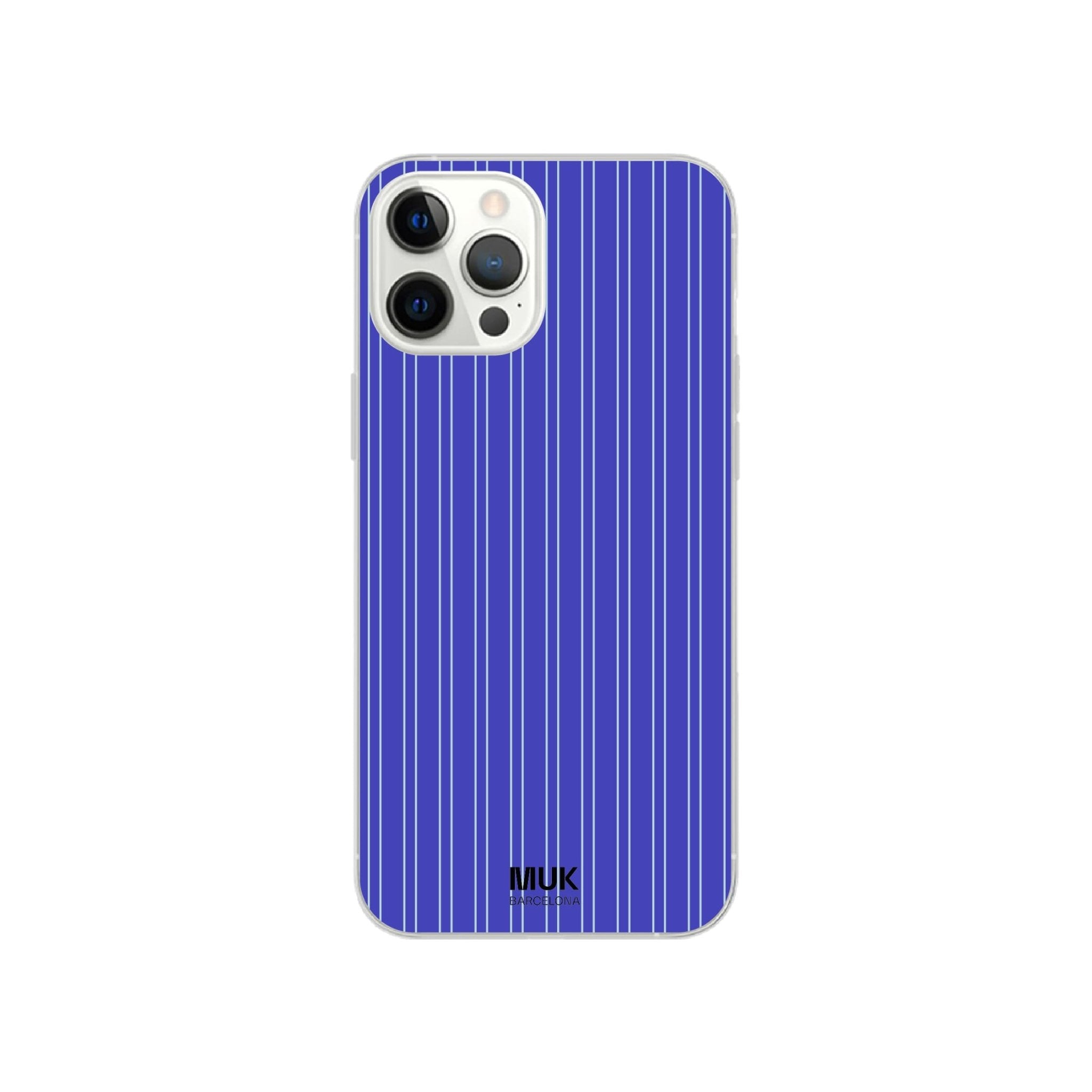 Clear phone case with blue background and white stripes.
