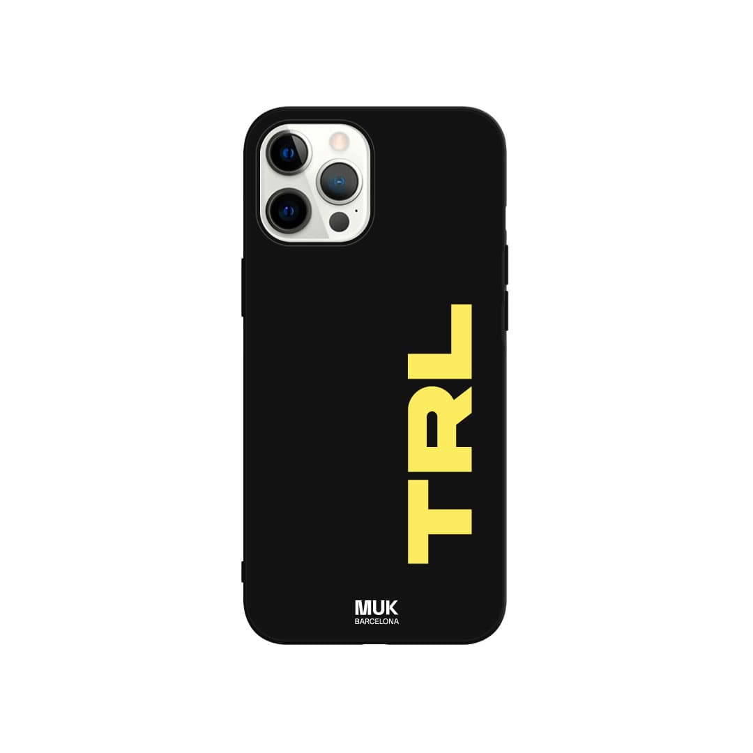 Personalized black TPU  case with vertical initials in 10 different colors.
