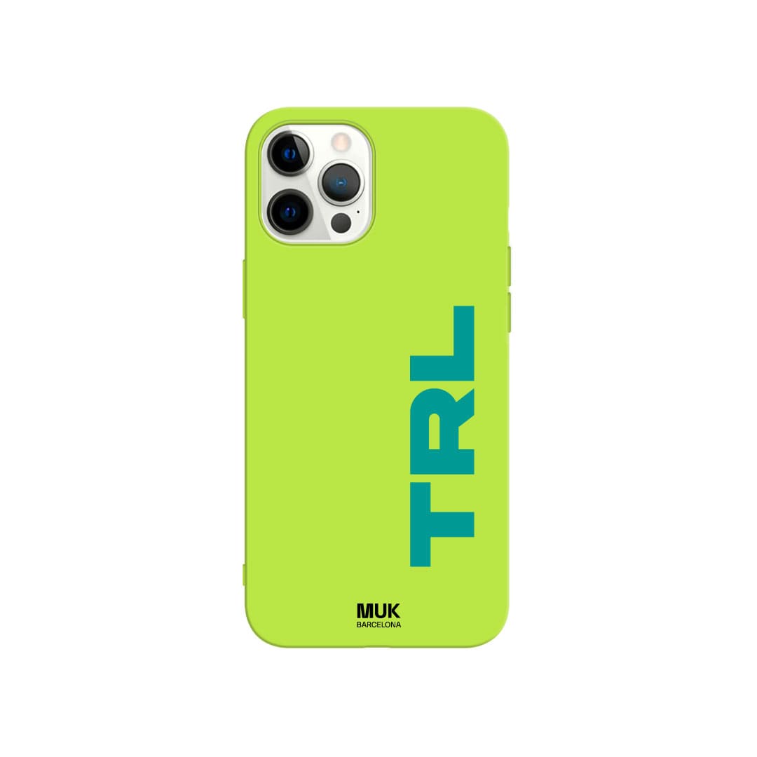 Funda de móvil TPU lima personalizada con iniciales en vertical en 10 colores diferentes.
