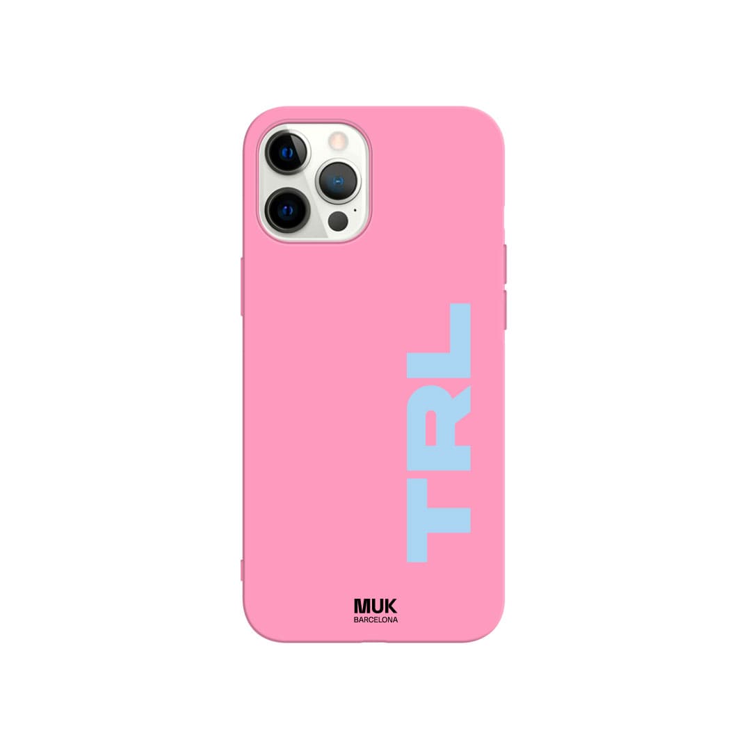 Funda de móvil TPU rosa personalizada con iniciales en vertical en 10 colores diferentes.
