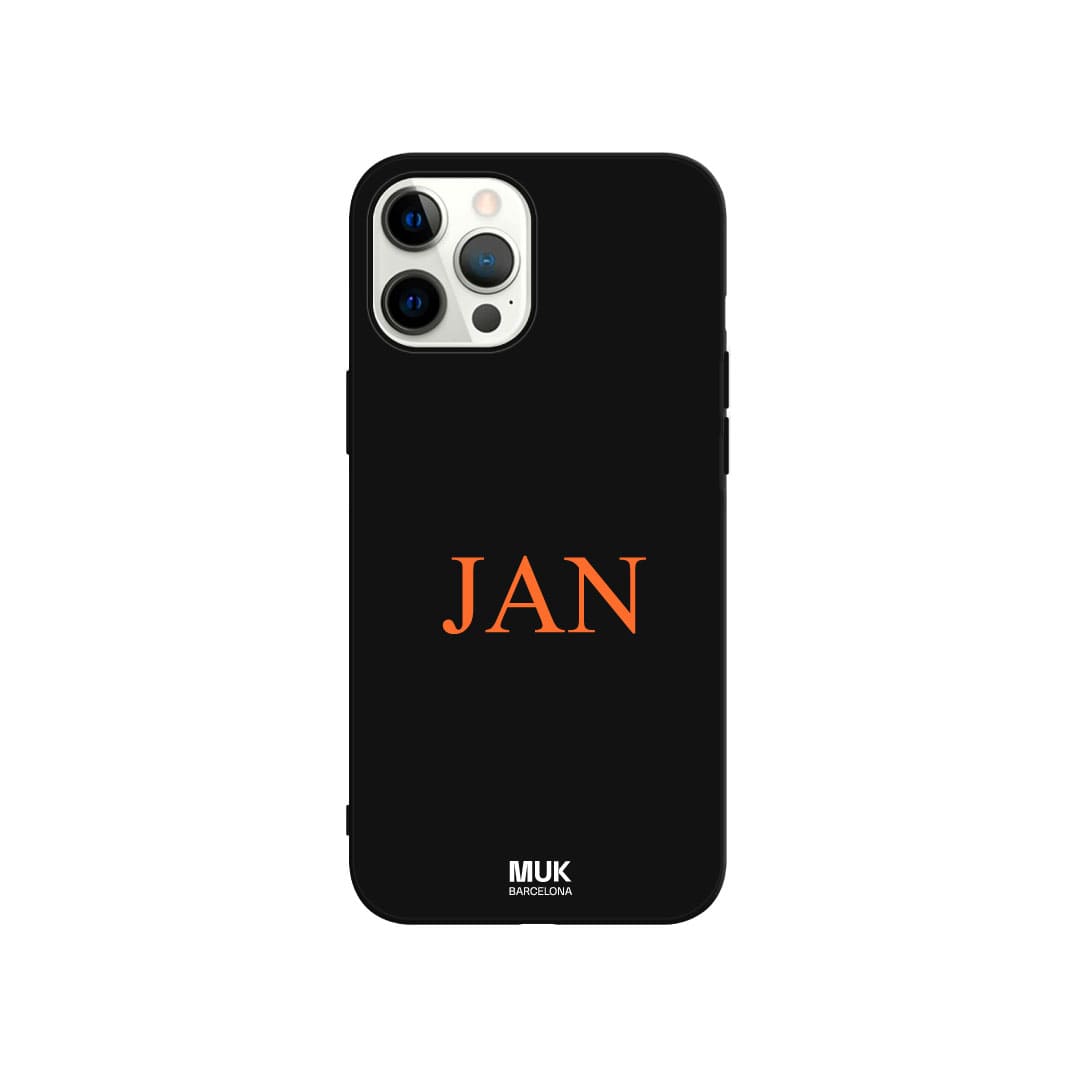 Black TPU  case personalized with initials with fine and elegant typography in 10 different colors.
