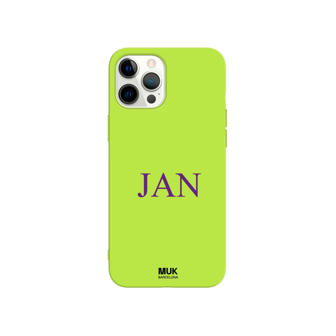 Lime TPU  case personalized with initials with fine and elegant typography in 10 different colors.

