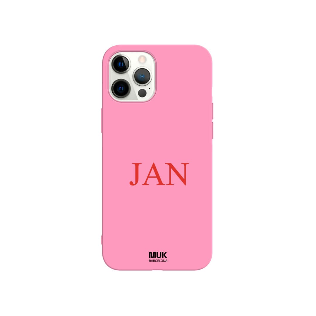 Funda de móvil TPU rosa personalizada con iniciales con tipografía fina y elegante en 10 colores diferentes.
