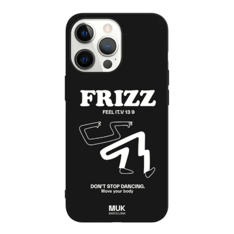 Funda de móvil TPU negra con diseño de silueta y texto "frizz" en color blanco.
