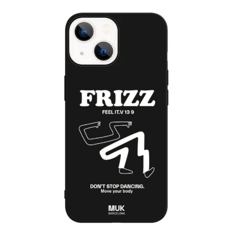 Funda de móvil TPU negra con diseño de silueta y texto "frizz" en color blanco.
