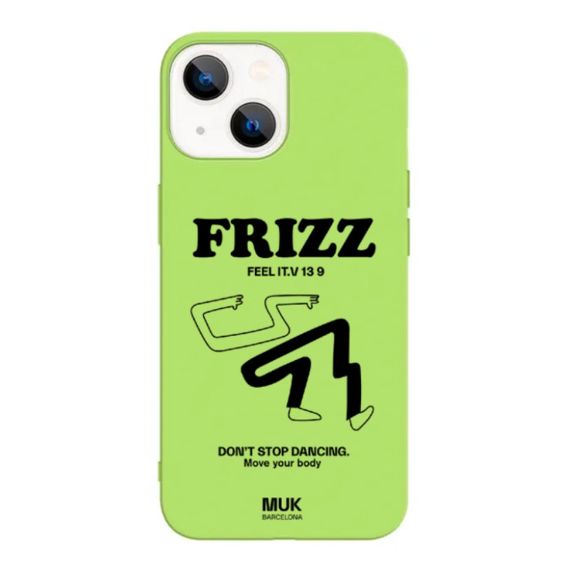 Funda de móvil TPU lima con diseño de silueta y texto "frizz" en color blanco.
