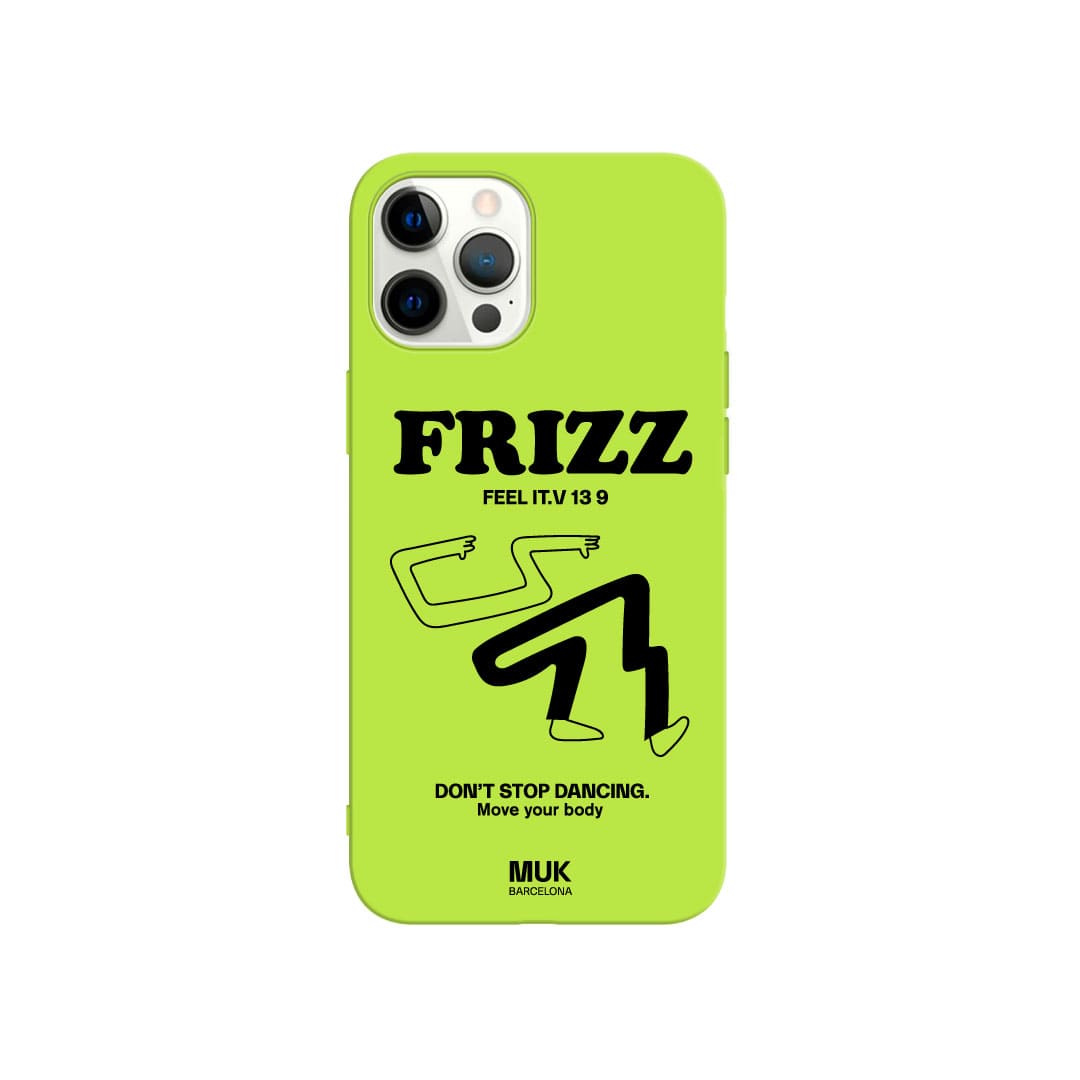 Funda de móvil TPU lima con diseño de silueta y texto "frizz" en color blanco.

