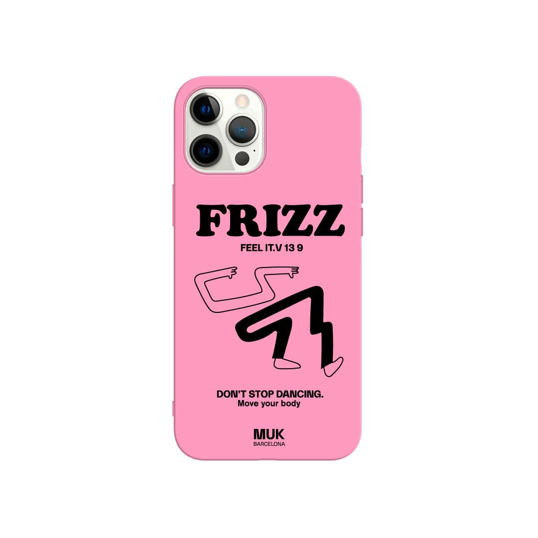Funda de móvil TPU rosa con diseño de silueta y texto "frizz" en color blanco.
