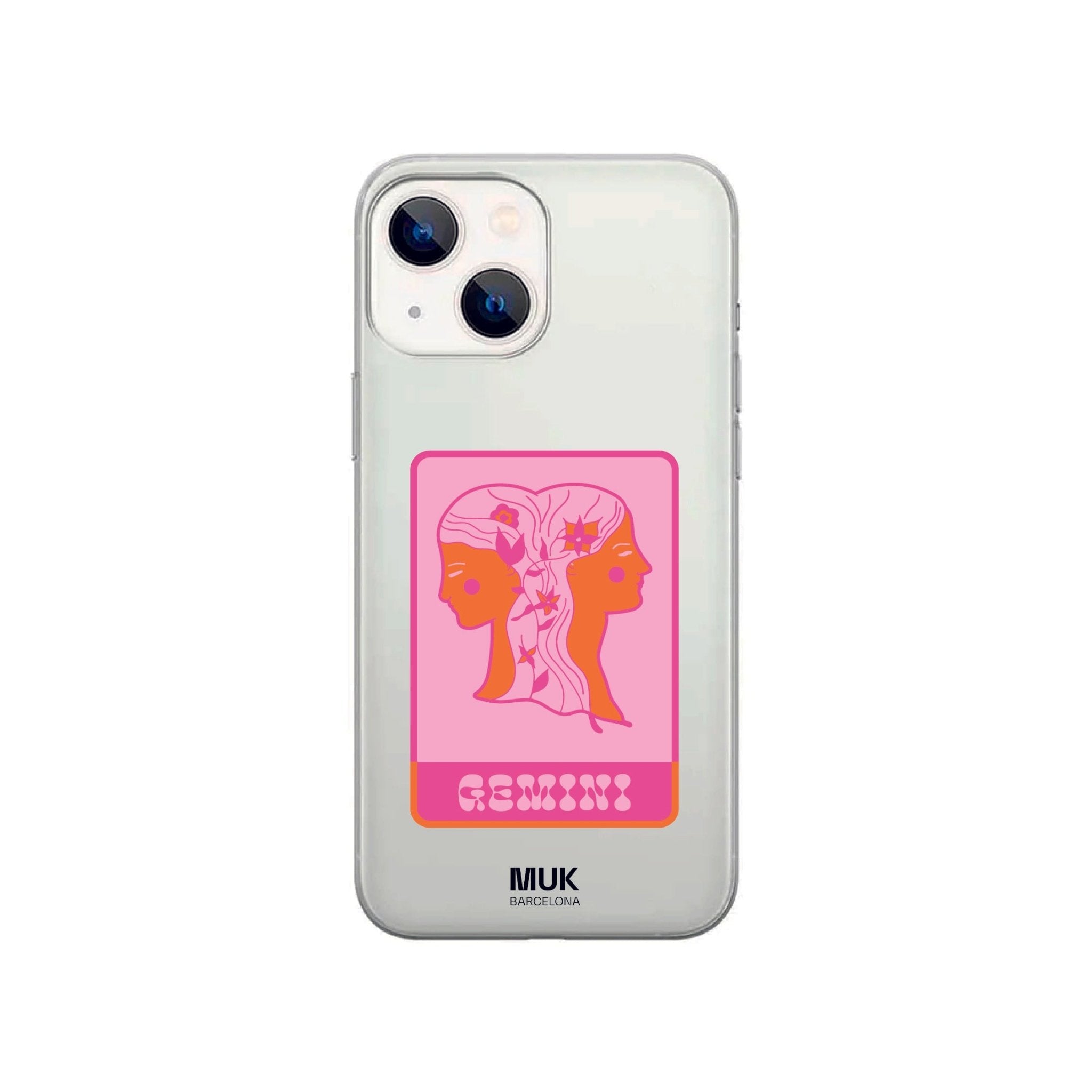 Clear phone case with Gemini zodiac sign in fuchsia, pale pink and orange.
