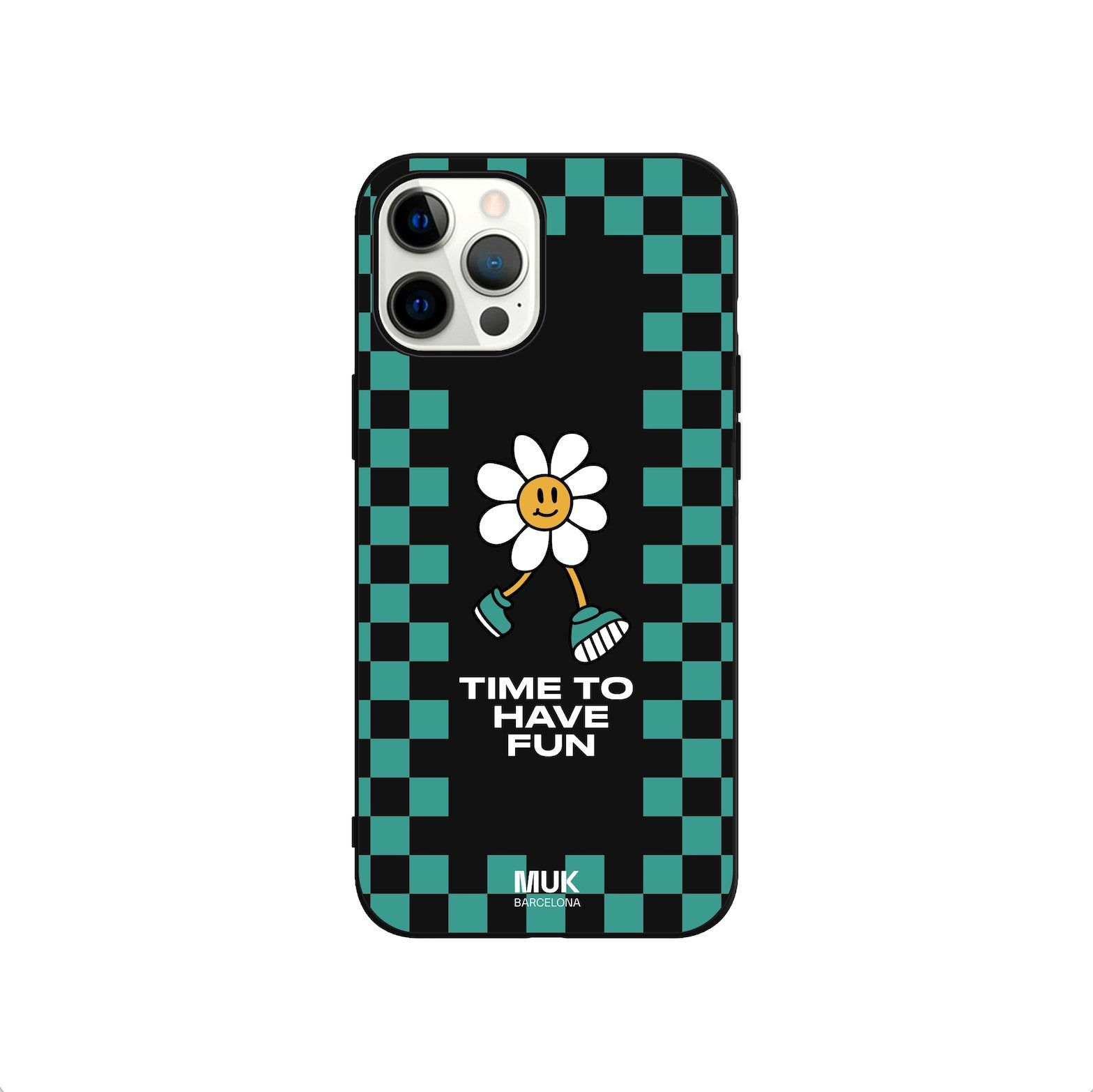 Black TPU  Phone Case with checkered pattern in lagoon color and daisy design and phrase "time to have fun" in white.
