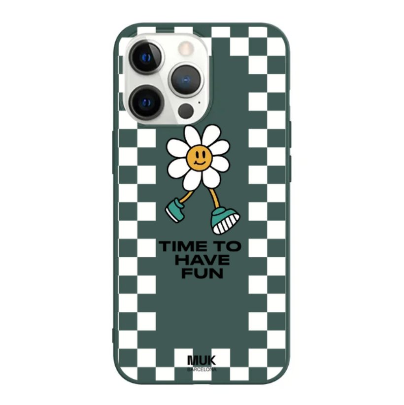 Funda de móvil TPU lagoon con estampado de cuadros en blanco y diseño de margarita y frase "time to have fun".
