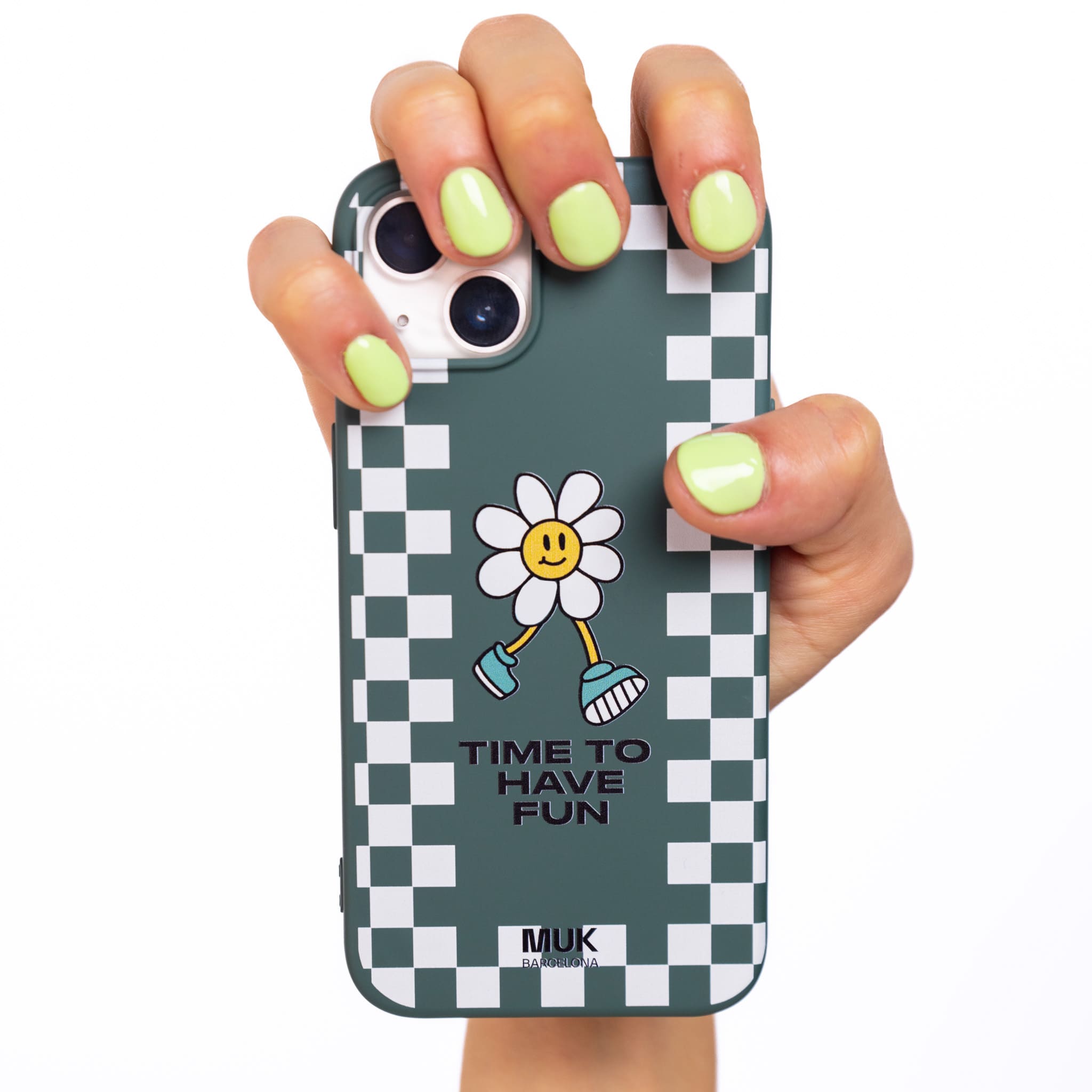 Lagoon TPU  Phone Case with white checkered pattern and daisy design and phrase "time to have fun".
