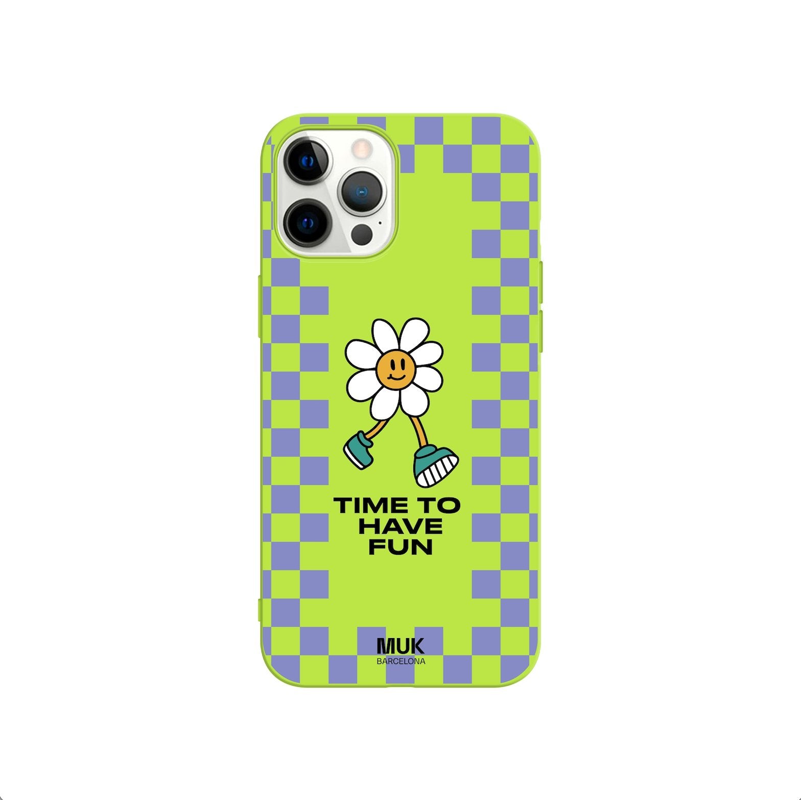 Lime TPU  Phone Case with blue square print and daisy design with the phrase "time to have fun" in white.
